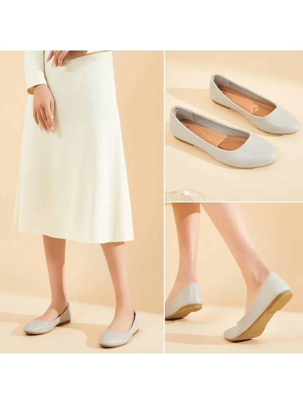 Womens Light Grey PU Leather Closed Toe Comfortable Flexible Slip On Ballet Flat